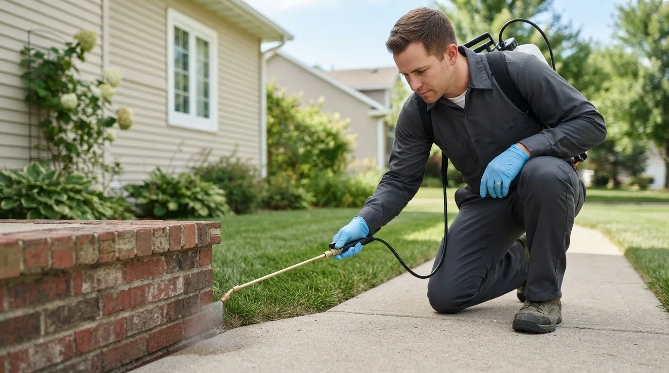 Pest control technician treating a home near Lead, SD